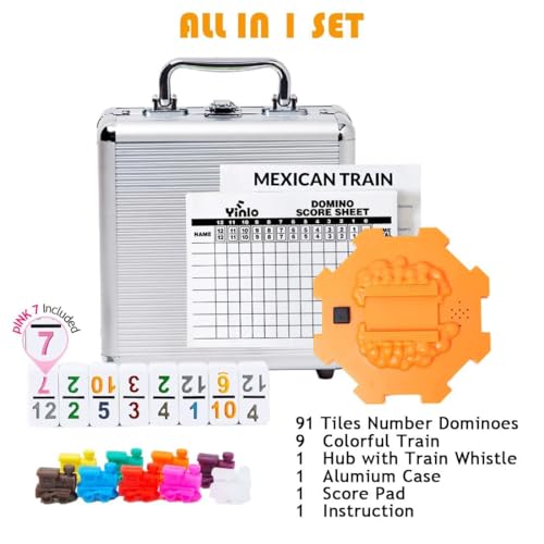 Yinlo Mexican Train Dominoes Set，Double 12 Dominoes with Train Sound Effect, Portable Travel Games, 91 Tiles Colored Number Domino Game Set with Aluminum Case, Ideal Gift