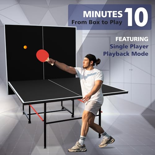 IUNNDS Portable Table Tennis Table 6/8/8.5/9FT Foldable Ping Pong Game Set for Indoor with Net and Post Set, 2 Paddles and 3 Balls - color: Black-9FT