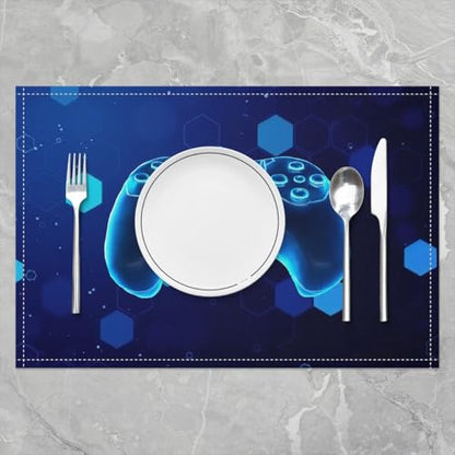 Erosebridal Gamer Boys 4 PCS of Placemats 12x18 Game Controller Place Mat for Dining Table Honeycomb Hexagon Spots Non Slip Table Mats Blue Modern - color: Blue
