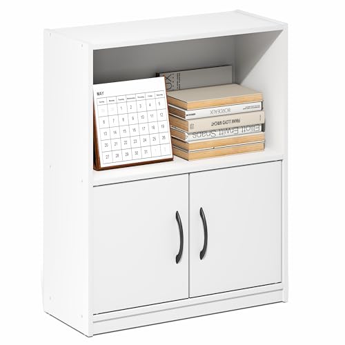 Furinno Gruen Book Shelf, 2-Tier Small Bookshelf, Bookcase with Open Shelf and Doors Storage Cabinet, 9.3 x 21.8 x 27, for Organization and Storage, for Living Room, Bedroom, Home Office, White - color: White, size: 2-Tier with Cabinet