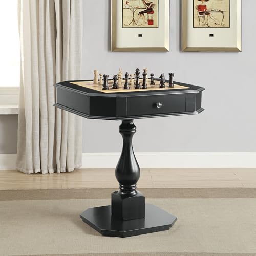 Black Finish Chess Game Table with Turned Pedestal | Hidden Storage Drawer, Reversible Tabletop, Chess & Backgammon Game Board, Sturdy Elegant Base, Side Table - size: 28''-Chess Table Black + Turned Pedestal