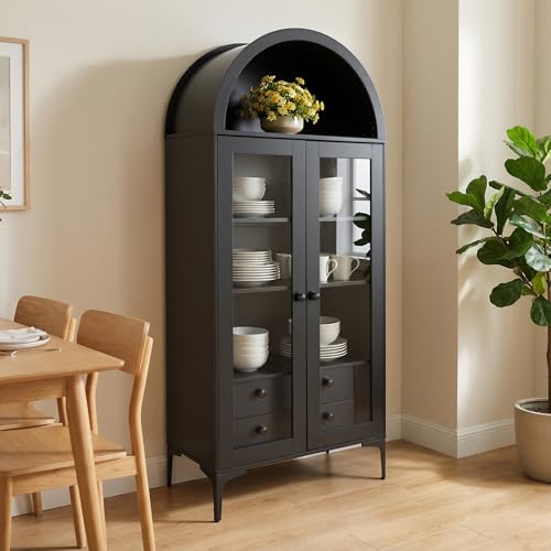 VEVOR Arched Kitchen Pantry Cabinet with Glass Doors, 70in Tall Curio Cabinet, 4-Tier Display Case with 2 Adjustable Shelves, Bookcase Bookshelf for Collectibles Storage Living Room Office - size: 70in