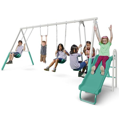 The Swing Company 600LBS Yonkers Metal Swing Set, Outdoor Backyard Playset Kids Aged 3-8 with 2 Swings, Glide Ride, Trapeze, 5ft Slide, Anchor Kit, 6ft Durable Steel Frame