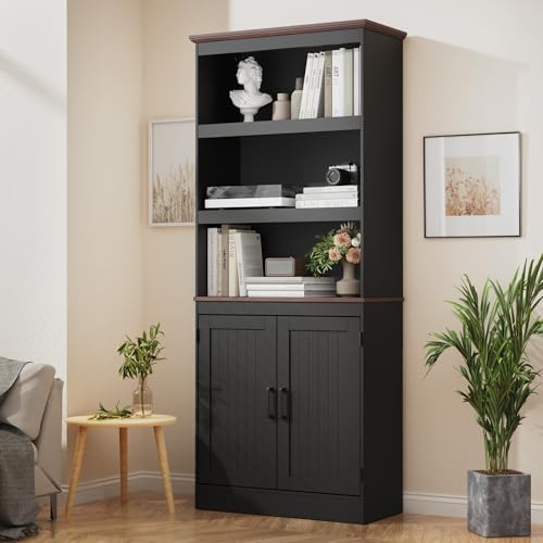 MHOM 71" Tall Bookshelf with Doors, 5 Tiers Farmhouse Bookcase with Adjustable Shelves, Wooden Rustic Display Cabinet for Home Office, Living Room, Black
