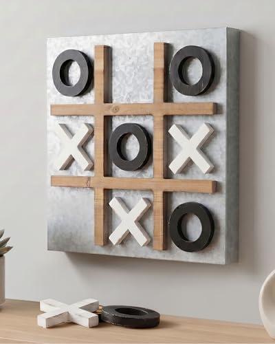 Tic Tac Toe Board Farmhouse Wall Decor - Wall Mounted or Coffee Table Decor - Adult Rustic Tabletop Decor (Silver/Black/White), 15" x 15" - color: Silver/Black/White/Brown