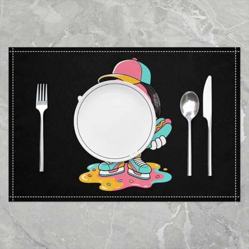 jejeloiu Ice Hockey Placemats Set of 4 12x18 Inch Ice Cream Drip Donut Sprinkles Table Mats for Kitchen Holiday Cute Hat Hot Dog Place Mat for Dinner Table Indoor Non-Slip Easy to Clean Washable - color: Blue Yellow