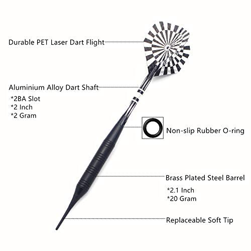 Soft Tip Darts Set for Electronic Dart Board 22g Plastic Tip Darts Set with Brass Barrels&Aluminum Shafts, 6 Flights 3 Spare Plastic Dart Shaft 20 Soft Tips Portable Case (22g-Silver&Black)