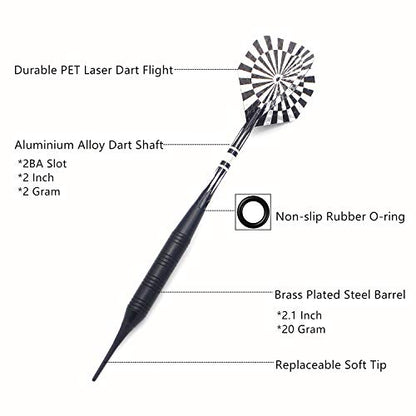 Soft Tip Darts Set for Electronic Dart Board 22g Plastic Tip Darts Set with Brass Barrels&Aluminum Shafts, 6 Flights 3 Spare Plastic Dart Shaft 20 Soft Tips Portable Case (22g-Silver&Black)