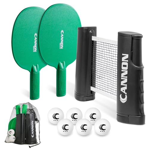 Cannon Sports Table Tennis Set – 2 Unbreakable Paddles, 6 3-Star Balls, Retractable Net & Carry Bag – Clamp-On Portable Ping Pong Net Fits Tables up to 2 Inch Thick, Extends to 6 Feet - color: Green