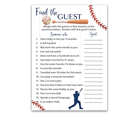 BASEBALL Baby Shower Games— FIND THE GUEST Game — Pack of 25 — Rustic Sports Blue BOY Baby Shower Activity, Icebreaker Party Game, Guess Who Came to the Party, Little Slugger Couples Shower G900-FTG