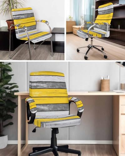 Coastal Style Office Chair Cover with Armrest Covers, Retro Gray Yellow Stripes Wood Grain Universal Stretch Desk Rotating Chair Slipcovers, Removable Seat Protector with Zipper, S - color: Yellow Gray, size: Small & 2PCS Armrest Covers