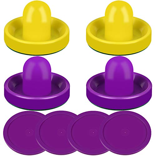 ONE250 Air Hockey Pushers and Red Air Hockey Pucks, Goal Handles Paddles Replacement Accessories for Game Tables (4 Striker, 4 Puck Pack) - color: Purple & Yellow