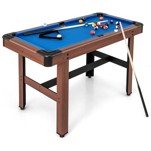 GYMAX Pool Table, 48 Inch Wooden Billiard Tables with 16 Balls, 2 Cue Sticks, 2 Chalks and Brush, Snooker Table Mini Pool Table for Kids, Family, Party - color: Blue