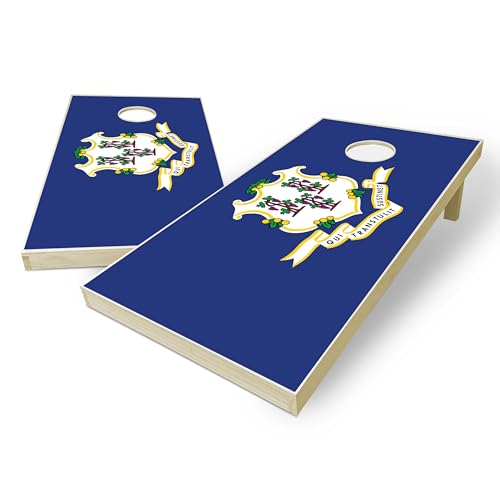 State Flag Solid Wood Regulation Cornhole Set 4 Feet x 2 Feet Includes Set of 8 Bags and Carrying Case with Optional LED Lights and Lamination - style: Connecticut