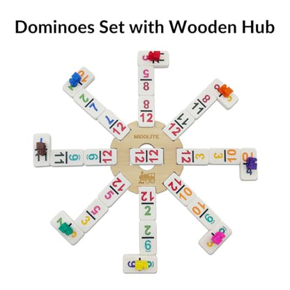 Mexican Train Dominoes Set with Numbers and 4 Wooden Racks, Double 12 Domino Travel Set with Wooden Hub, 91 Colored Domino Tiles Game Set with for Family Game Night - style: 4 Racks