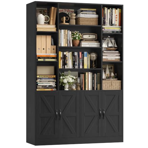 HOSTACK 72” Tall Book Shelf and Bookcase, White Bookshelf with Storage Cabinet, 45” Wide Bookcase with 4 doors, Standing Display Shelves, Modern Farmhouse Book Case for Living Room, Home Office, Black - color: Black
