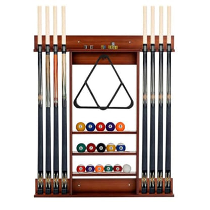 Wall-Mounted Billiards Cue Rack, Wooden Pool Stick Holder 8 Cues & 16 Balls and 5 Storage Compartments, for Game Room Billiard Room Decor Club Pool Table Accessories