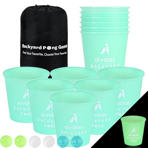 Aivalas Yard Pong Outdoor Games Glow Set in Dark for Adults,Family and Kids,Giant Yard Pong for Beach,Camping,Lawn,Backyard and Yard Parties,with Buckets, Balls and Carrying Bag