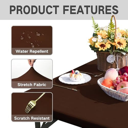 Square Fitted Table Cover Elastic Tablecloth Stretch Spandex Table Top Cover Table Topper Cap for Dining Kitchen Home Party Brown 34X34 Inch - color: Brown, size: 34" x 34" (Square)