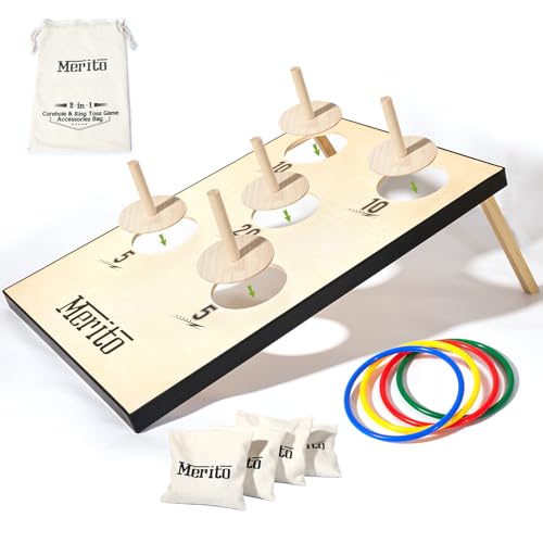 Merito 2-in-1 Outdoor Games, Cornhole Board Set & Ring Toss Game, Perfect Reinvented Bean Bag Toss Games for Backyard, Beach, Camping and Party