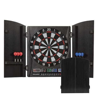 Accudart Apollo Electronic Dartboard Cabinet – 38 Games, 137 Variations, Virtual Opponent, Backlit Scoring, Cricket X/O Displays, Black Woodgrain Doors – Includes Soft‑Tip Darts
