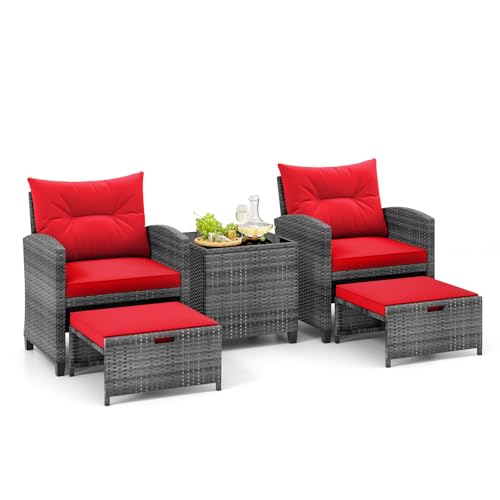 Tangkula 5 Pieces Patio Conversation Set, PE Wicker Rattan Outdoor Furniture Set with 2 Chairs, 2 Ottomans & Tempered Glass Coffee Table, Ideal for Poolside, Backyard, Lawn, Deck, Mix Grey & Red - color: Mix Grey & Red