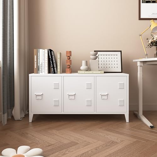 MIOCASA TV Stand 3 Door Metal Storage Locker Cabinet with Shelves for Living Room, Bedroom，Office(White) - color: White-1