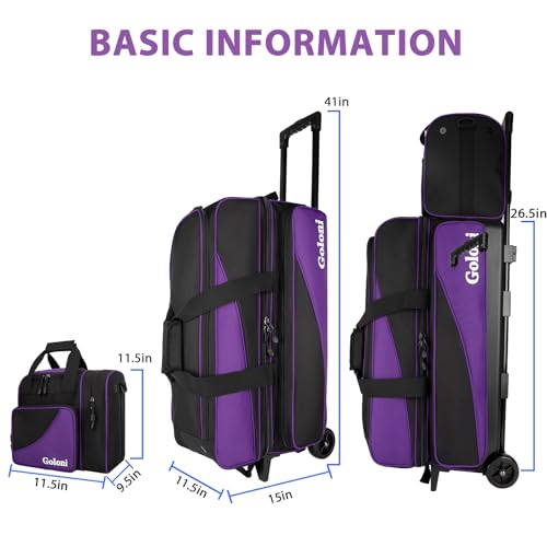 Goloni 3 Ball Bowling Bag with Wheels, Rolling Bowling Roller Bag with Retractable Handle for Balls & Bowling Accessories - color: 4 Ball-Purple