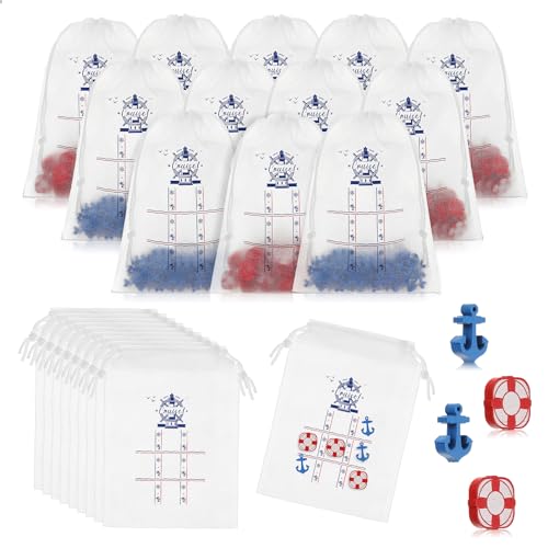 Sotiff 36 Set Cruise Party Favors Tic Tac Toe Game Bulk Includes 360pcs Mini Anchors Lifebuoy Wood Pieces 36pcs Drawstring Bag Kid Party Gift for Nautical Themed Birthday Supplies - style: Nautical Themed