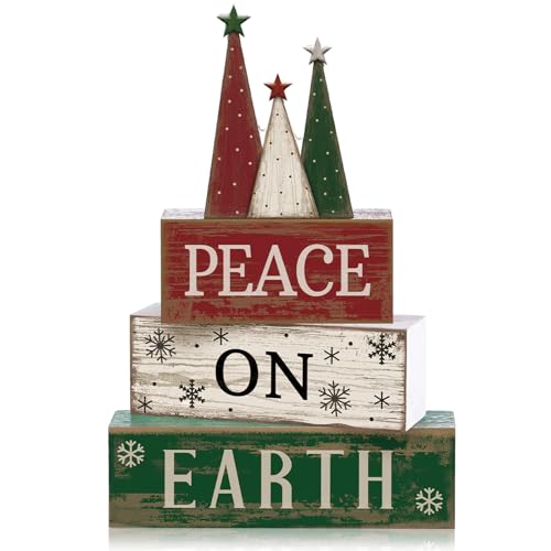 Lineshading 4 Pcs Christmas Table Decoration Wooden Christmas Tree Sign Winter Tiered Tray Decor Decorative Red Green and White Tree Block Signs Xmas Table Centerpiece Farmhouse Decor for Home Kitchen - style: Christmas Tree