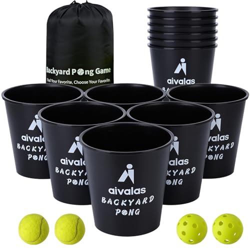 Aivalas Yard Pong Outdoor Games, Giant Yard Games Set with 12 Buckets and Balls for Adults and Family, Toss Game Throwing Games for Beach, Camping, Lawn and Backyard - color: Black