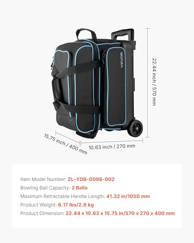 VEVOR Bowling Ball Bag, 2-Ball Bowling Bag with Wheels, Featuring a Separate Compartment for Shoes (Up to US Size 16) & Oversized Accessory Pocket, Retractable Handle Extends to 41.32 in - style: Black-blue