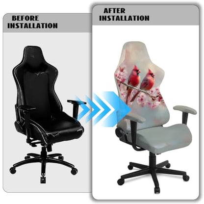 Suobstales Cardinal Cherry Blossom Pattern Gaming Chair Covers Waterproof Cat Scratch Proof Stretch Game Chair Cover with Armrest Anti-Scratch Protection for Ergonomic Gaming Rotating Desk Chair - color: Cardinal Cherry Blossom