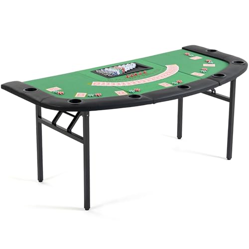 Foldable Poker Table, 8-Player Unique Fan-Shaped Game Table with Cup Holders & Chip Trays, Portable Casino Table for Texas Holdem, Blackjack, Home Game Nights, Green - color: Green, size: Fan-shaped (Green)