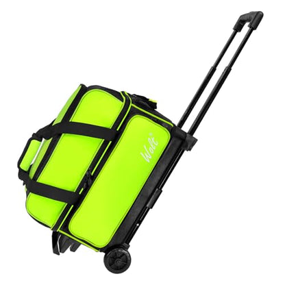 WOLT Double Roller 2 Ball Bowling Bag with Separate Shoe Compartment, Large Capacity Bowling Ball Bag with Accessory Pocket, Retractable Handle Extends to 40" - color: LemonGreen