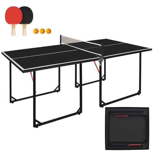 4.5/6ft/9ft Mid-Size Portable Ping Pong Tables Set, Foldable Table Tennis Table with Net,2 Paddles & 3 Balls, Multi-Use Free Standing Ping Pong Table for Indoor/Outdoor - color: Black-Black, size: 6FT
