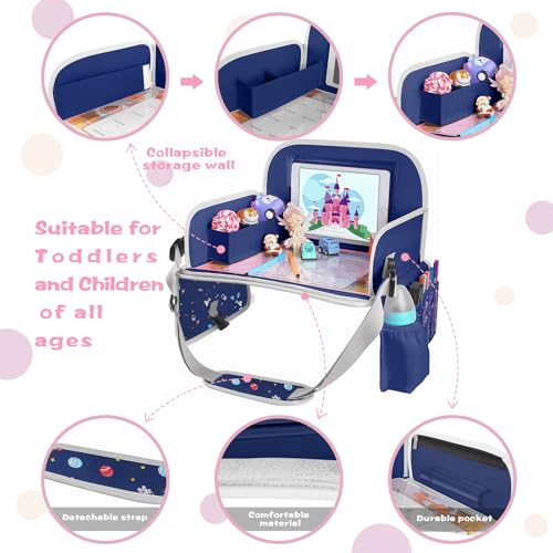 MENZOKE Car Seat Tray for Kids with Educational Drawing Board, Tablet Holder & Cooler Cup Holder, Essential for Car Travel & Airplane Trips, Space Pattern Design, Dark Blue - color: Navy Space