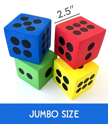 4 Foam Jumbo Playing Dice - Red, Yellow, Blue, Green - Kids Outdoor/Indoor Games, Classroom Supplies