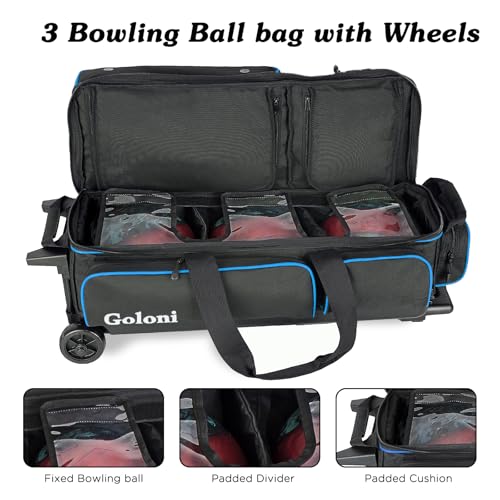 Goloni 3 Ball Bowling Bags with Wheels - Rolling Bowling Bag for 3 Balls & Accessories - Retractable Handle Extends to 38 - color: Blue
