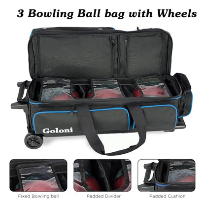 Goloni 3 Ball Bowling Bags with Wheels - Rolling Bowling Bag for 3 Balls & Accessories - Retractable Handle Extends to 38 - color: Blue