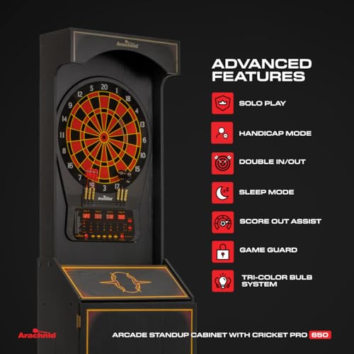 Arachnid Cricket Pro 650 Standing Electronic Dartboard with 24 Games, 132 Variations, and 6 Soft-Tip Darts Included, Brown,E650FS-BK3