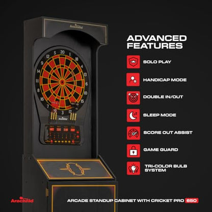 Arachnid Cricket Pro 650 Standing Electronic Dartboard with 24 Games, 132 Variations, and 6 Soft-Tip Darts Included, Brown,E650FS-BK3