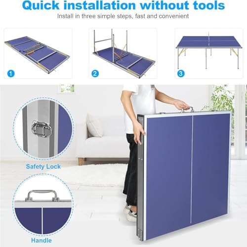 6ft Mid Size Blue Foldable Portable Ping Pong Table Indoor Outdoor Game Set with Net 2 Paddles 3 Balls