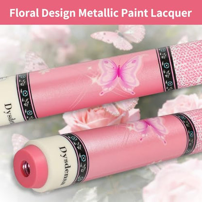 Pink Pool Cue 19oz - 58 inch Canadian Maple Wood 13mm Leather Tip, Floral Design Metallic Paint Lacquer, 3/8×8 Joint with Case, Chalks, Gloves, Protectors