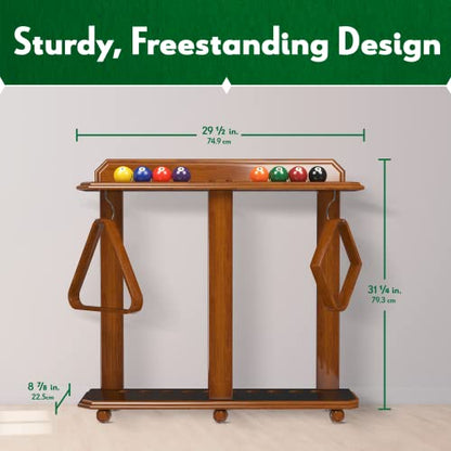 Pool Stick Rack - Cue Rack Only - Wood Floor Stand Holds 10 Pool Sticks and a Full Set of Balls - Billiards Accessories – Black