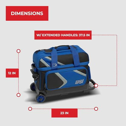 BSI Dash Roller Bowling Bag with Smooth Rolling Wheels, Padded Ball Compartment, Retractable Locking Handle, & Shoe Pocket - color: Black/Blue/Gray, style: Double