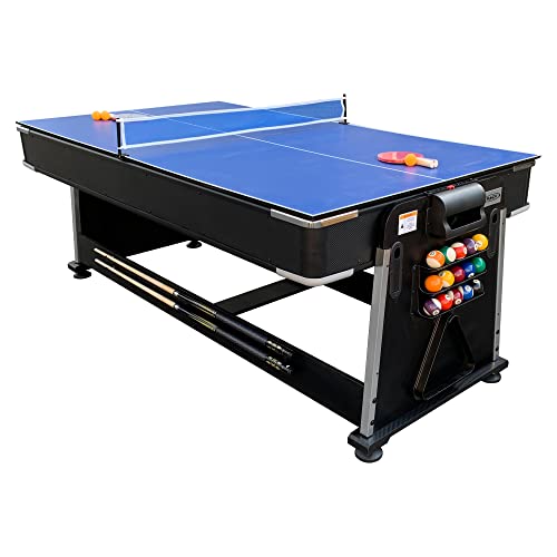 RACK Triad 7-Foot 3-in-1 Multi-Game Swivel Table - Billiards/Pool, Table Tennis & Air Hockey - color: Blue Felt With Black Body