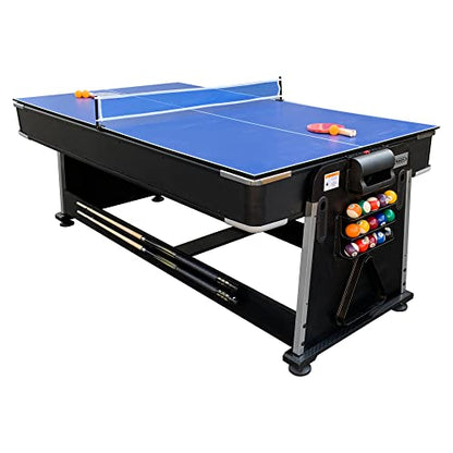 RACK Triad 7-Foot 3-in-1 Multi-Game Swivel Table - Billiards/Pool, Table Tennis & Air Hockey - color: Blue Felt With Black Body