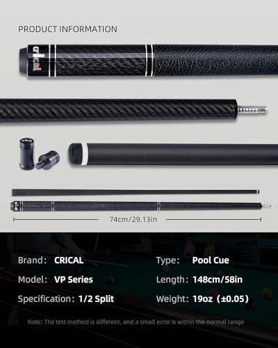 CRICAL Carbon Fiber Pool Cue with Stick Low Deflection Shaft - 58 Inch Billiard Cue Stick with Cowhide Grip & 3K Weave Design, 12.5mm Tip, Fixed Weight (19oz), 3/8x8 Joint – Ideal for Players - color: CL-VP-2