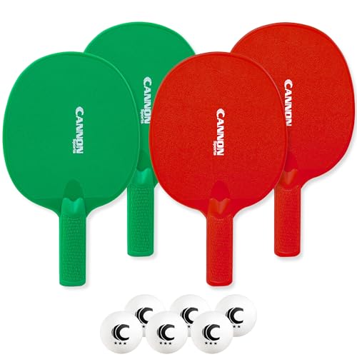 Cannon Sports Unbreakable Table Tennis Paddle Set - 4 Rackets with 6 Pack of 3-Star Table Tennis Balls – Portable Set for 4 Players - color: 2 Green + 2 Red Paddles + 6 White Balls